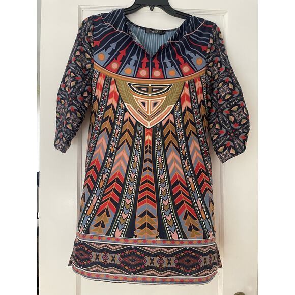 Urban CoCo Women's Retro Bohemian Print Shift Tunic Dress Feather Colorful Small - Picture 1 of 14